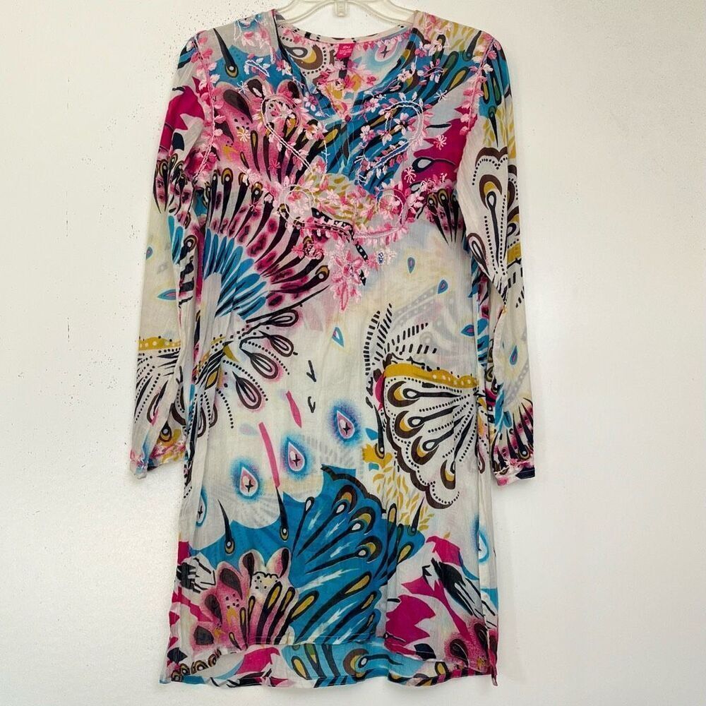 Raj Embroidered Cotton Tunic Women Medium Boho Chic Lightweight Dress Swim Cover - Picture 13 of 13